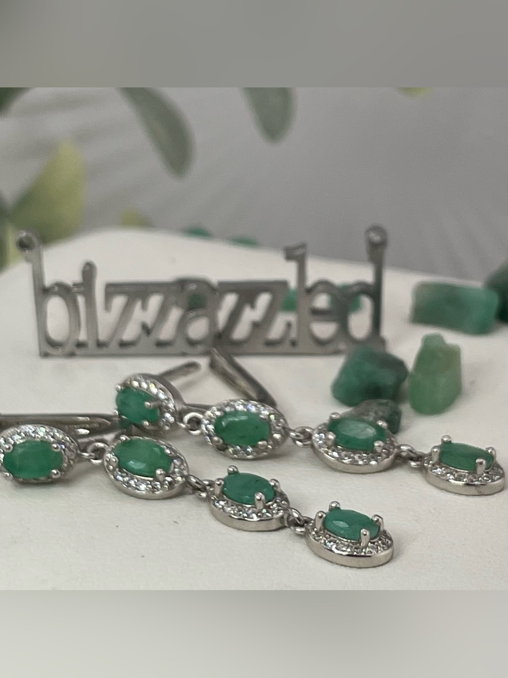 3.81ct Emerald Topaz white Dangle Earrings 925 Silver Genuine Authentic Natural